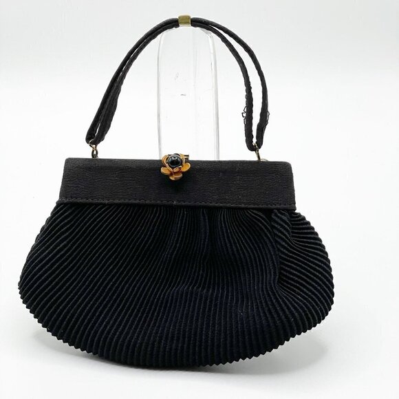 Vintage Pleated Satin Flower Clasp Handled Framed Evening Bag with Coin Purse - Picture 2 of 10